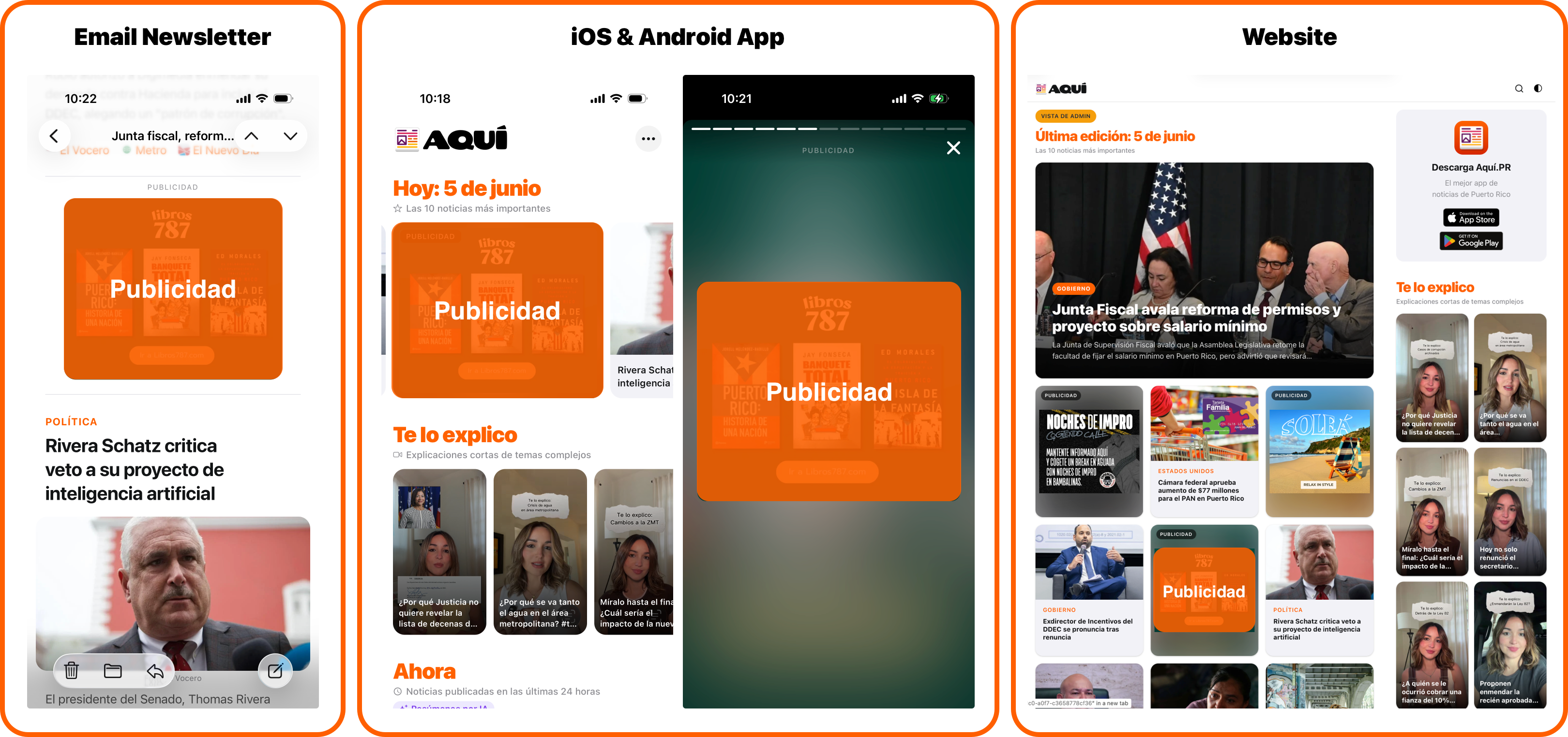Ejemplos de dónde aparece tu anuncio: en el app, las historias y el newsletter de Aquí.PR